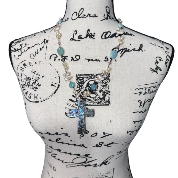 Cross Pendant Necklace | Pearl & Aqua Bead Abalone Chain | Wire Wrapped - Picture 2 of 6